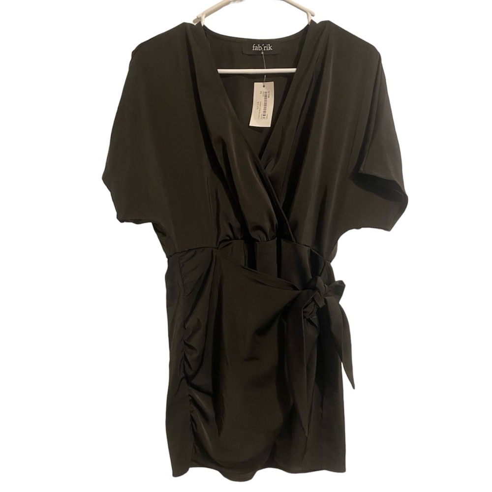 NWT FABRIK Black Faux Wrap Long V-Neck Silk Mini Dress